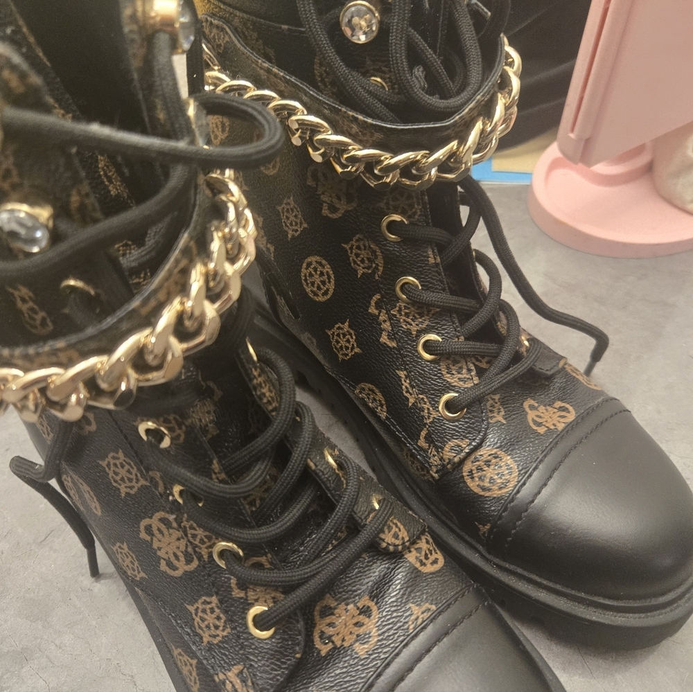 Guess Black and Gold Patterned Combat Boots